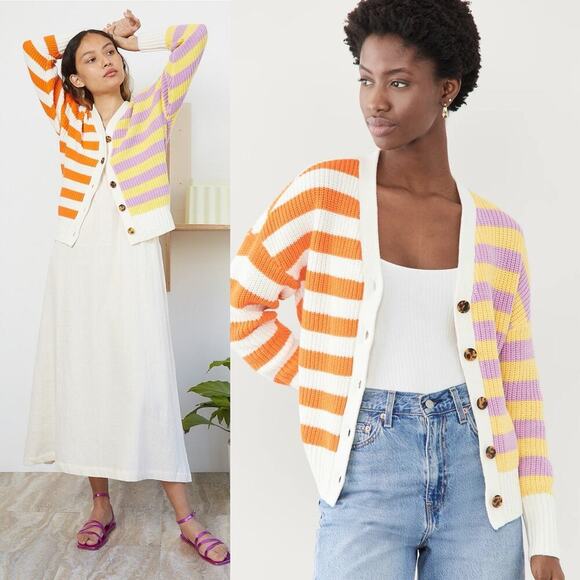 Staud Essex Colorblock Striped Cardigan Cabana Stripe Size XS Button Up - Picture 1 of 11